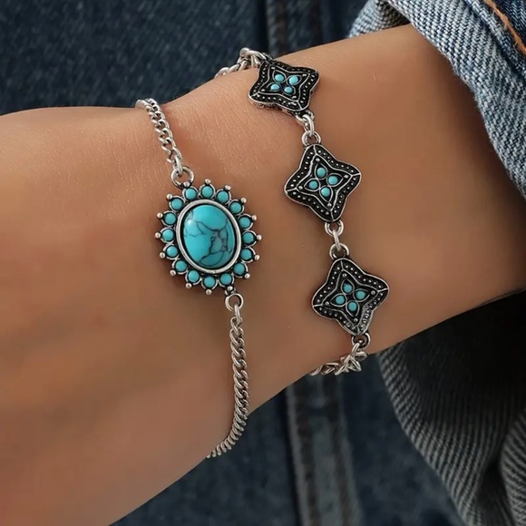 New Bohemian Silver Vintage Retro Design Flower Turquoise Bangle Bracelet - Picture 1 of 5